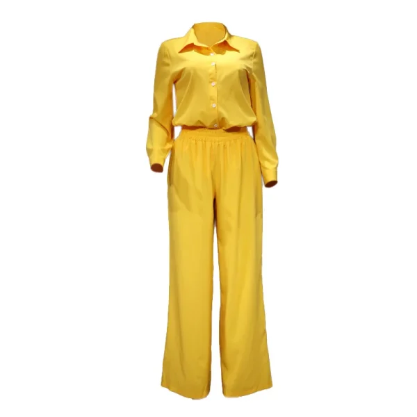 Women's Casual Fashion Two-Piece Set Stylish Solid Color Shirt Loose Long Pants - Image 5