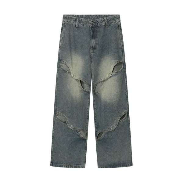 2025 Summer Men's Fashion New Metal Button Heavy Craft Design Jeans Hollow Wide Leg Baggy Jean Denim Fabric Washed Techniques - Image 2