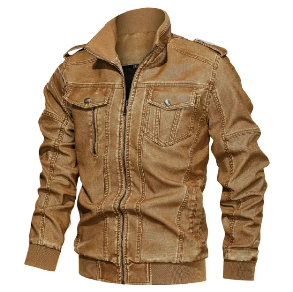 Washed Old Motorcycle Leather Jacket Men's Large Size Jacket Plain Dyed Euramerican Style Men's PU Stand 100% Polyester Knitted - Image 2