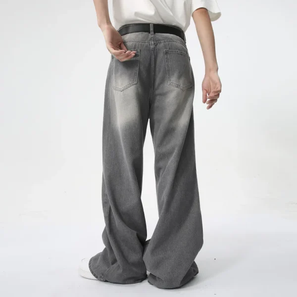 2025 Summer Men's Fashion New Vintage Washed Distressed Straight Wide-Leg Baggy Floor-Length Jeans Gray Denim Fabric - Image 3