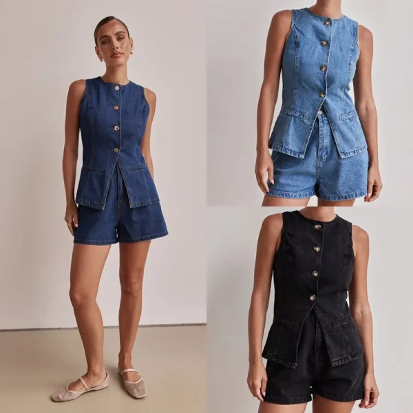 Spring Summer Vintage European American  New Casual Sleeveless Waist High Waist Loose Denim