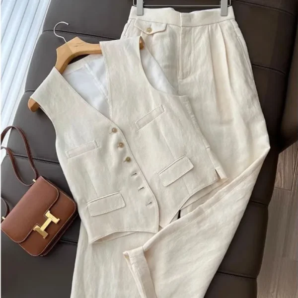 2025 New Summer Korean Fashion Elegant Two-Piece Set Canvas Suit Vest Wide Leg Pants Button Decoration Casual Ins Trend Design