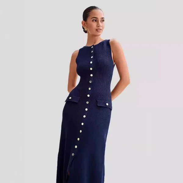 2025 Summer New Elegant Slim Knitted Dress European American Style Casual Neck Sleeveless Front Woven Chiffon Washable - Image 5