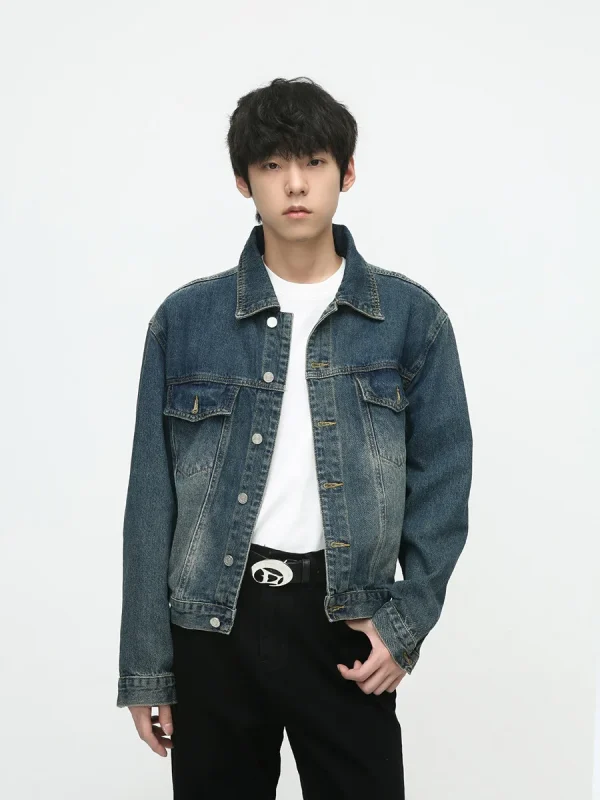 Denim Jacket Men's Autumn New Retro Style Old Design Loose Denim Jacket Men's Size - Image 2