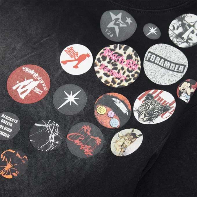 Creative Punk Spray-Painted Old Dirty Design Men's Casual Trendy Short-Sleeved T-Shirt Pure Cotton Badge Printed Neck Top