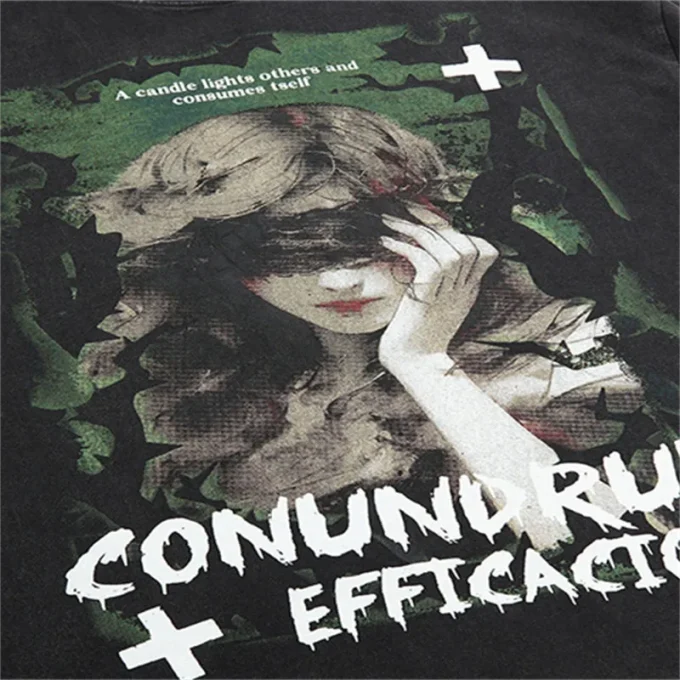 High Street Trendy Distressed Washed 100% Cotton T-Shirt Loose Fit Top Men's Short Sleeves Girl Pattern Printed O-Neck T-Shirt