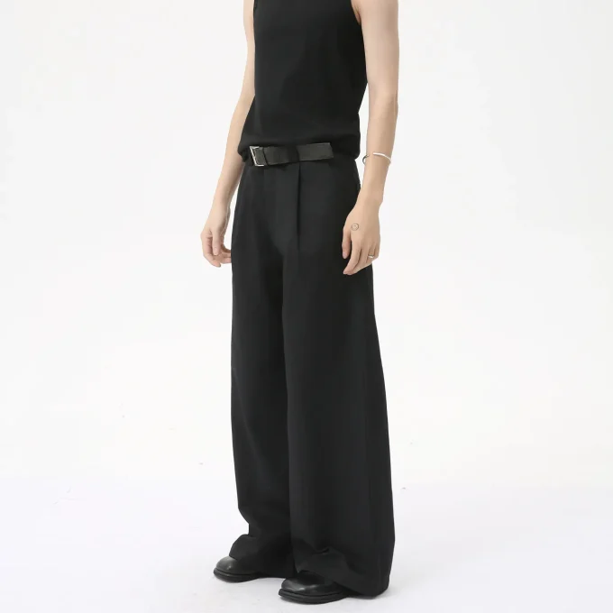 2025 Men's Casual Fashion Unique Belt Buckle Design High-End Solid Color Lightweight Loose Draped Flat Floor-Length