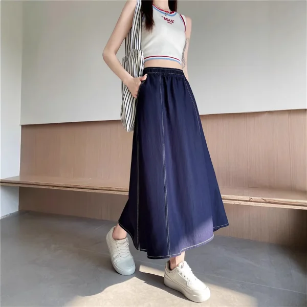 Summer Vintage Versatile Korean Style A-Line Skirt Midi College Wind Stitched Decoration Slimming Loose Pocket Denim New - Image 2