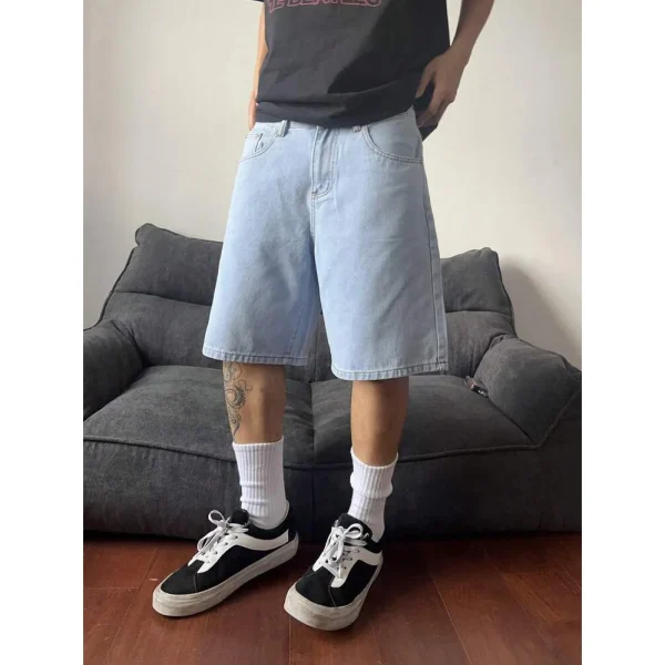2025 Summer Trendy Retro Denim Shorts for Men Loose Casual Five-Point Pants Mid Waist Knitted Weaving Distressed Crystal
