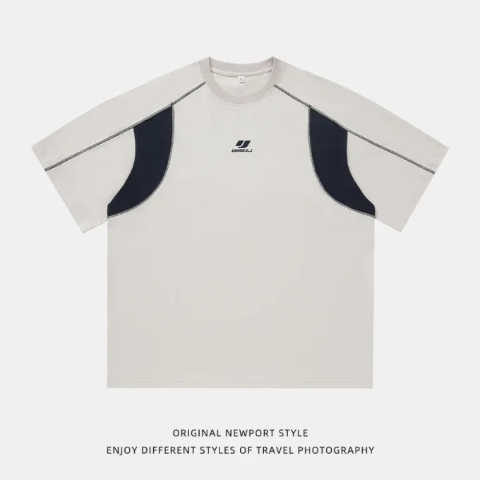 American Trendy Men's Retro Embroidered Pure Cotton Short-Sleeved T-Shirt Summer New Contrast Color Topstitch 240 Grams