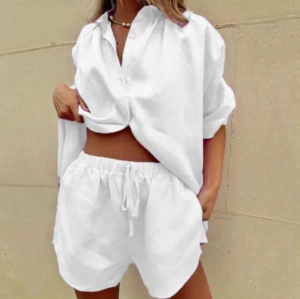 Women's Solid Color Single-breasted Short-sleeved Shirt Two-piece Wide-leg Pants Lace-up Shorts - Image 6