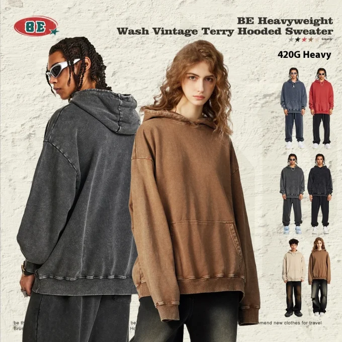 2025 Fall Winter Men's Clothing Fashionable Pullover Sweatshirt Loose Fit American Distressed Wax Dye Heavy Hoodies Washed