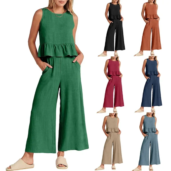 Women's Floral Nine-Point Pants Shorts Set Sleeveless Pleated Vest and Wide Leg Pants Loose Fit Sports Wear Knitting Fabric