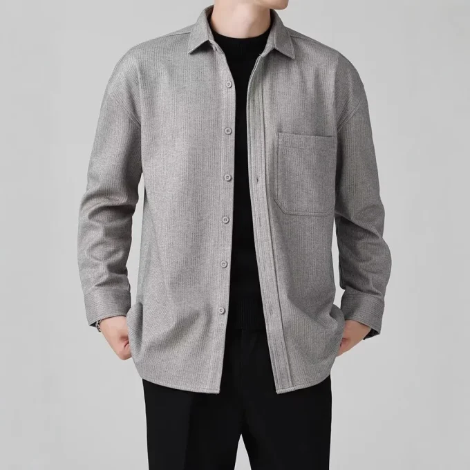 American Men's Casual Lapel Shirt Heavy Woolen Pure Color Long Sleeve Autumn Work Clothing Knitted Outwear - Image 3