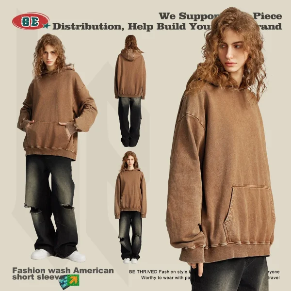 2025 Fall Winter Men's Clothing Fashionable Pullover Sweatshirt Loose Fit American Distressed Wax Dye Heavy Hoodies Washed - Image 5