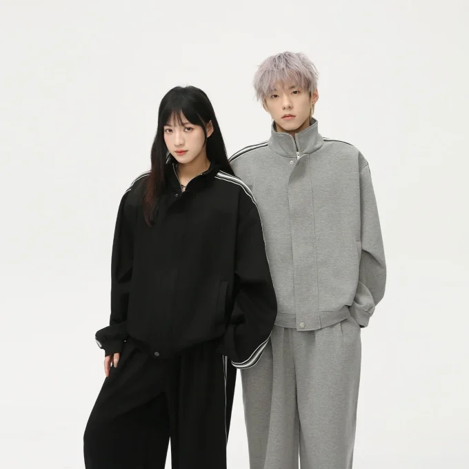 Men's Fashion New Casual Pants Zipper Jacket Side Stripe Color-Block Design Stand Collar Loose Fit Track Suit for Men