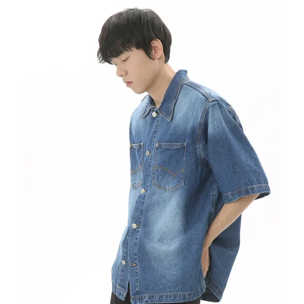Denim Jacket Men's Summer Loose Denim Short-sleeved Shirt Shoulder Pad Coat Cardigan for Men