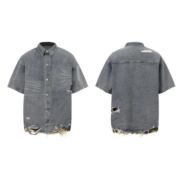 Fashionable Cut-Edge Stitching Leopard Print Japanese Style Denim Shirt and Shorts Sets Men's Casual  Half-Sleeved Clothing Suit - Image 3