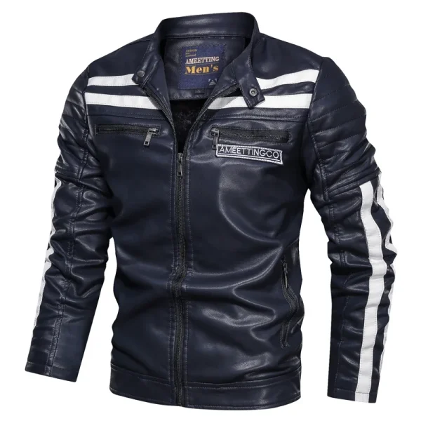 2025 New Design Men's PU Leather Jacket With Velvet Collar Patchwork Motorcycle Leather Jacket Pocket Decoration PU Coat for Men - Image 3