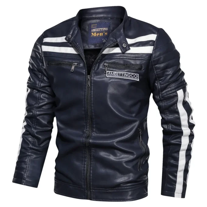 2025 New Design Men's PU Leather Jacket With Velvet Collar Patchwork Motorcycle Leather Jacket Pocket Decoration PU Coat for Men