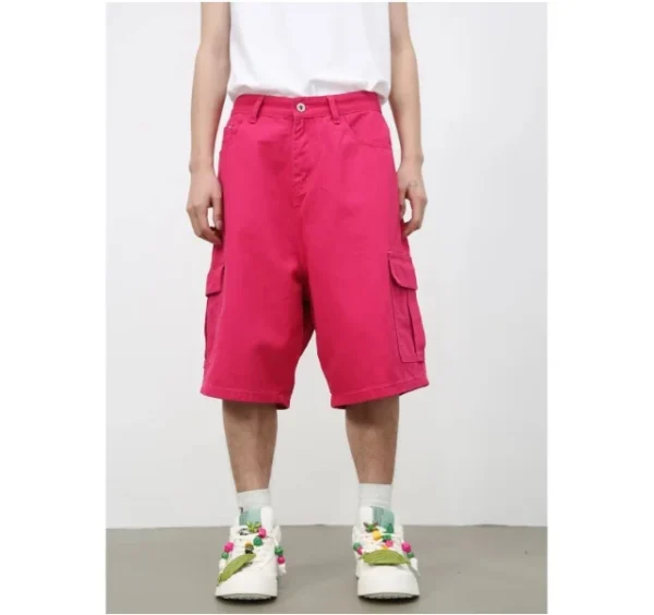 Cowboy Casual Shorts for Men American Vintage Solid Pattern Five-Quarter Cargo Pants Men with Elastic Waist Closure