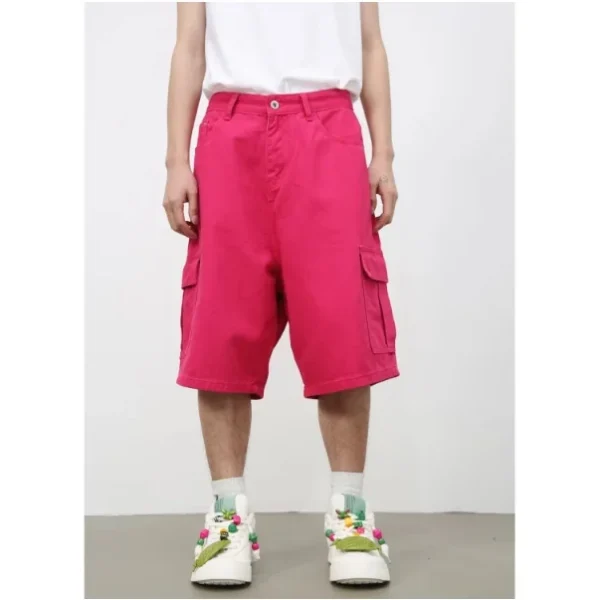 Cowboy Casual Shorts for Men American Vintage Solid Pattern Five-Quarter Cargo Pants Men with Elastic Waist Closure