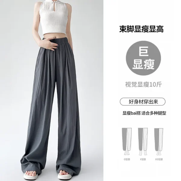 Petite XL Summer Casual Wide-Leg Pants Loose Cotton Linen Elastic Waist Draped Lazy Style Ice Silk Front Flat Long for Women - Image 3