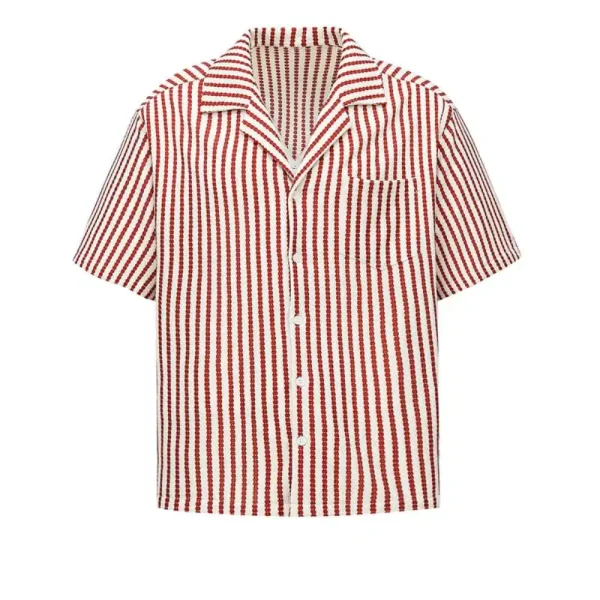 Summer Casual Top Men's Vertical Striped Shirt Trendy Loose Fit Cuban Style Short Sleeve Turn-Down Stand Collar Shirts