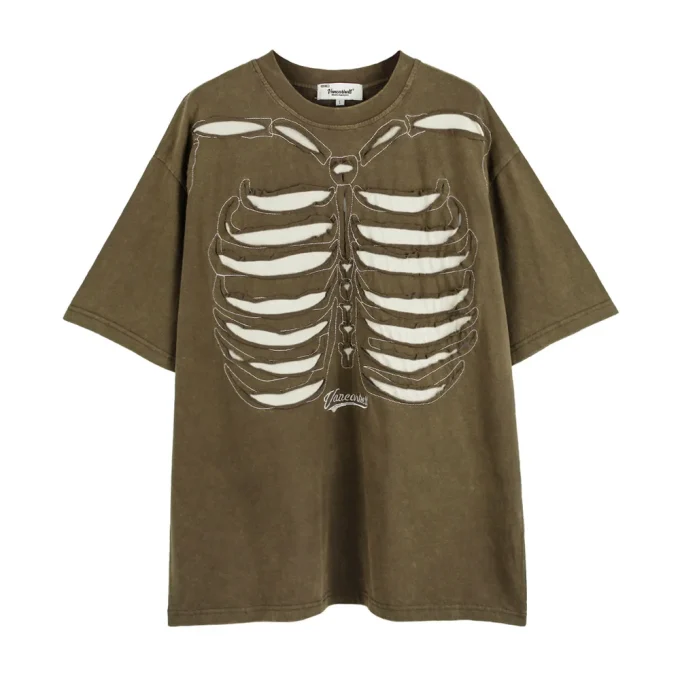 Men's High Street Trend Ripped Hollow Skull Skeleton Short Sleeved T-Shirt Old Washed Half Sleeved Top Loose Knitted for Summer - Image 5