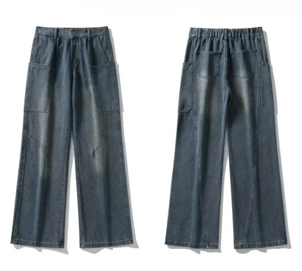 2025 Trendy Mid-Casual Washed Denim Men's Jeans New Style with Real Curved Knife Straight Slightly Flared Pants for Summer