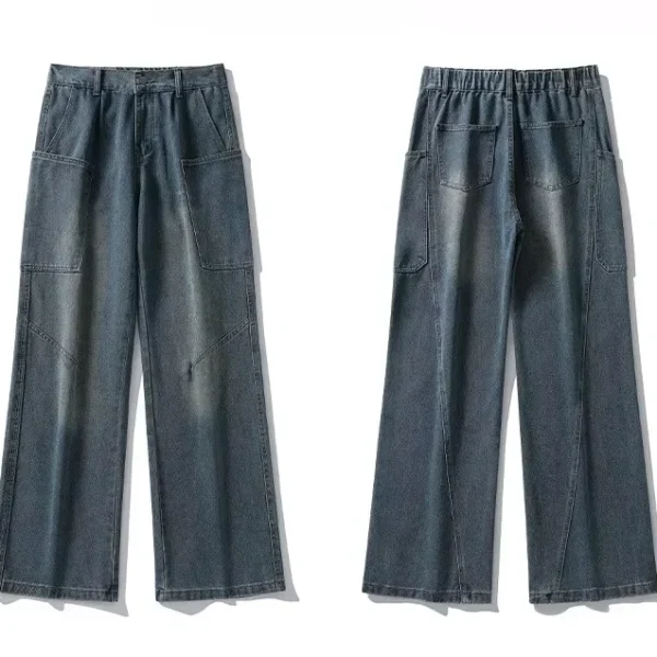 2025 Trendy Mid-Casual Washed Denim Men's Jeans New Style with Real Curved Knife Straight Slightly Flared Pants for Summer
