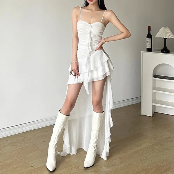 2025 Summer New Women's Cross-Border Off-Shoulder Strap Dress European American Style Solid Color Slim High Chiffon Natural - Image 3