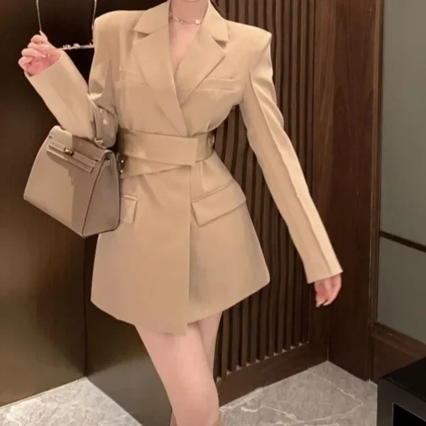 2025 New Design French High-End Khaki Suit Dress for Women Elegant Casual Waist-Cinching Slimming Short Dress