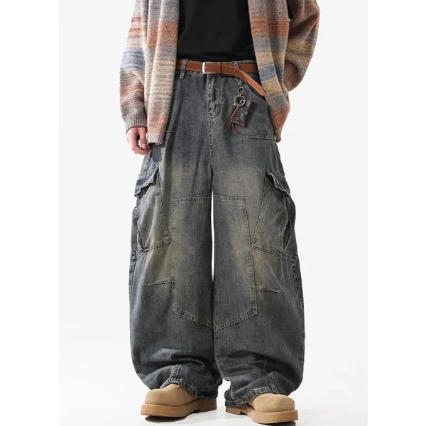 2025 Spring/Autumn New Style Men's Scimitar Jeans Fashionable Wide-Leg Cargo Pants Multi-Flap Pocket Street-Made - Image 5