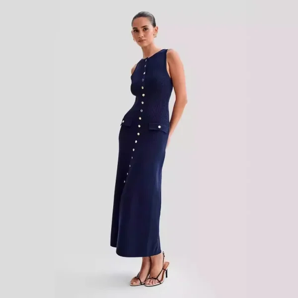 2025 Summer New Elegant Slim Knitted Dress European American Style Casual Neck Sleeveless Front Woven Chiffon Washable - Image 4