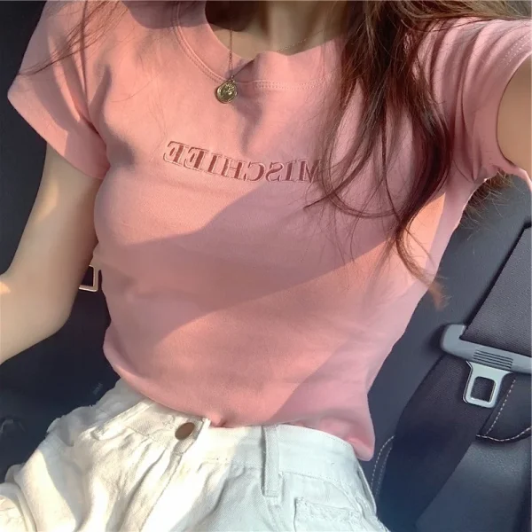 Summer New Korean Letter Embroidered Slim Short-Sleeved T-Shirt