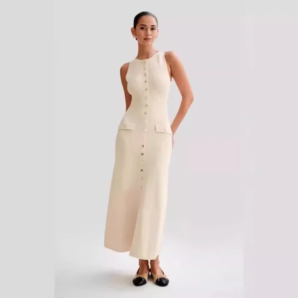 2025 Summer New Elegant Slim Knitted Dress European American Style Casual Neck Sleeveless Front Woven Chiffon Washable