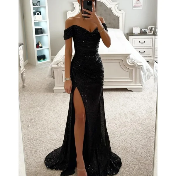 2025 INS Casual Fashion Cross-Border New European American Style Sequin Off-Shoulder Split Dress for Women Floor-Length Chiffon - Image 5